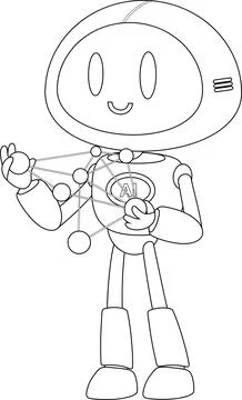 Black and White AI Robot Cartoon Character Holding Data Network Connections Stock Illustration