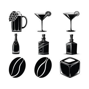 Black and white of alcoholic drinks coffee beans and ice cube Stock Illustration