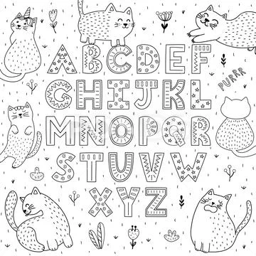 Black And White Alphabet With Funny Cats. Abc Coloring Page