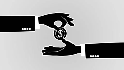 Black and white animation transfer dollar coins from hand to hand. Alpha Stock Footage 86971252