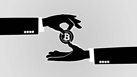Black and white animation transfer bitcoin coins from hand to hand. Alpha 스톡 동영상 86971316