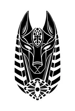 Black and white Anubis head tattoo design with Ankh symbol Stock Illustration