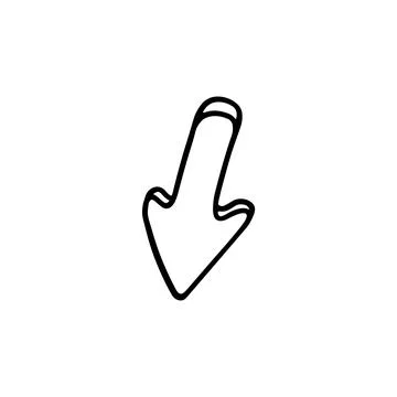 Black and white arrow to indicate direction down in doodle vector illustration Stock Illustration