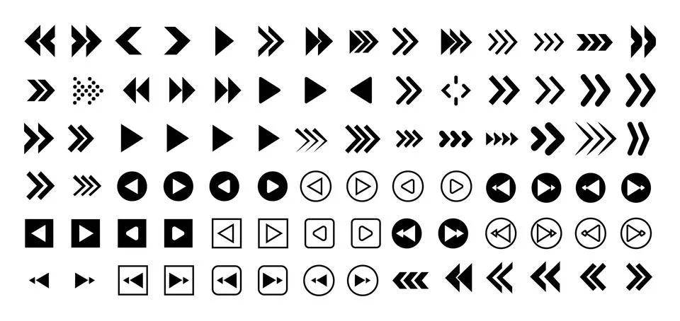 Black and white arrow vector icon set collection in various shapes and styles Stock Illustration