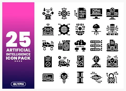 Black and white artificial intelligence icons depicting smart home. data. a.. Stock Illustration
