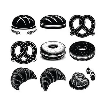 Black and white of assorted baked goods including bread pretzels bagels cro.. Stock Illustration