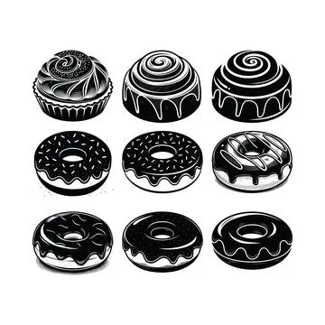 Black and white of assorted donuts and a cupcake pastry sweet dessert Stock Illustration