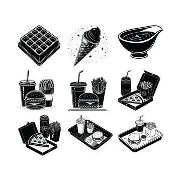 Black and white of assorted fast food and desserts waffle ice cream cone st.. Stock Illustration