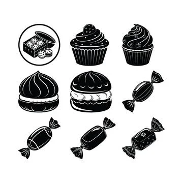 Black and white of assorted sweets and candies cookies cupcakes macarons Illustrazione stock