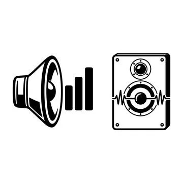 Black and white audio speaker icons with sound waves Stock Illustration