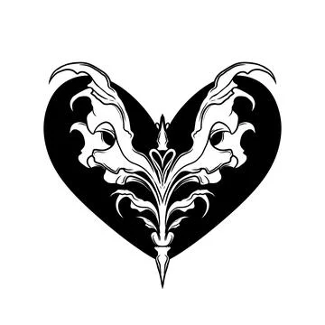 Black and white authentic mythical neo tribal heart wing tattoo design Stock Illustration