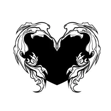 Black and white authentic mythical neo tribal heart wing tattoo design Stock Illustration