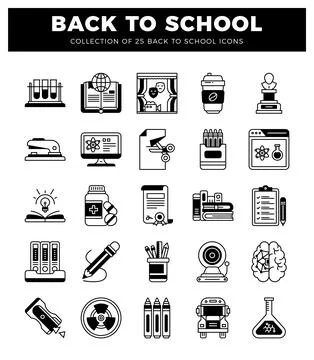 Black and white back to school icons displayed on a white background イラスト素材