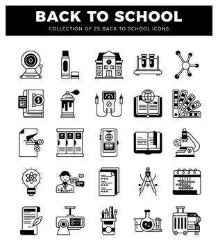 Black and white back-to-school icons. including a school building and scien.. Ilustración de archivo