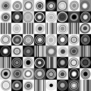 Black and white background with dots, circles and stripes Stock Illustration