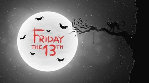 Black and white Background for Friday 13 in retro style. A black cat walks th Stock Illustration