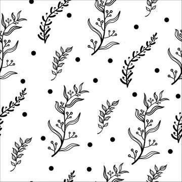 Black and white background. Vector textured, seamless pattern with branches Stock Illustration