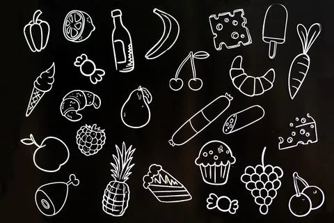 Black and white background with white painted stylized fruits, citrus, croi.. Stock Illustration