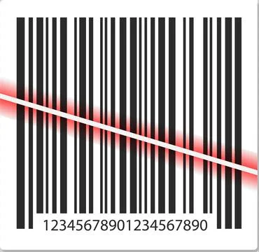 Black and white barcode being scanned by a red scanner. Numbers label the c.. Stock Illustration