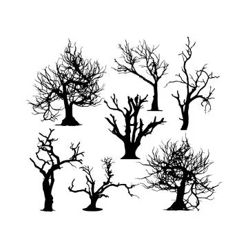 Black and White Bare Tree Silhouettes Collection. Vector icon. Illustrazione stock