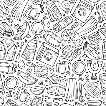 Black and White Bathroom Doodle Seamless Pattern with Toiletries イラスト素材