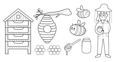 Black and white bee and honey elements set. Beekeeper girl holding a jar with Stock Illustration