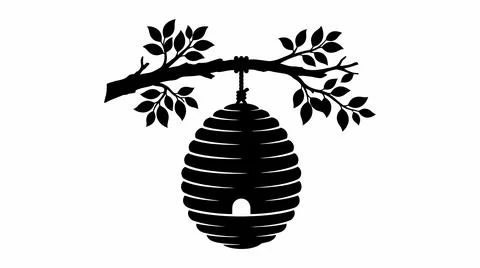 Black and White Beehive Hanging from a Tree Branch 스톡 일러스트