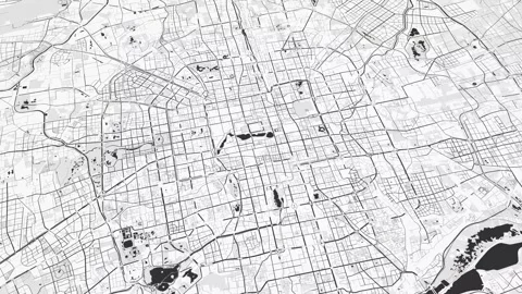 Black and white Beijing map background loop. Spinning around China city air.. Stock Footage 242266320
