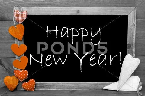 Black And White Blackbord, Hearts, Text Happy New Year Stock Photos
