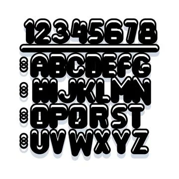 Black and white bold bubble alphabet and numbers creating a playful design Stock Illustration