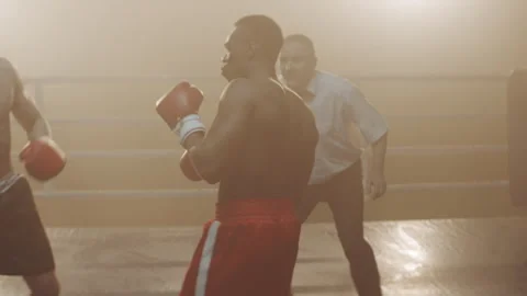 Black and white boxers in a ring throwing punches Stock Footage 282980234