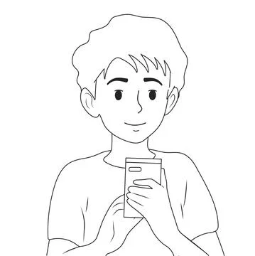 Black and white boy holding a phone, a call or a message in his hands. Vector Stock Illustration