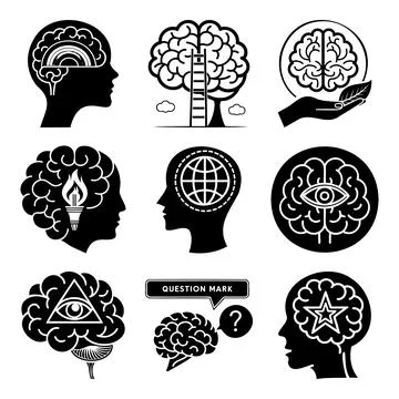 Black and white brain and head with symbols and msea set thinking Stock Illustration