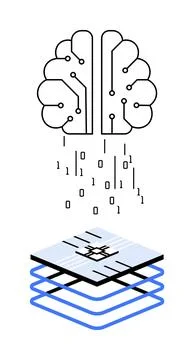 Black and white brain with binary code dropping into layered blue and white c Stockillustratie