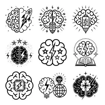 Black and white brain with creative symbols and msea set light bulb Stock Illustration