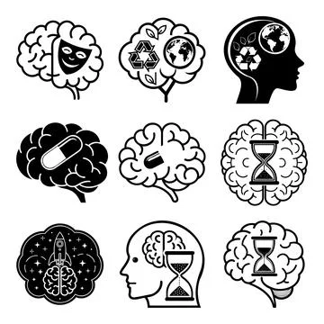 Black and white brain outline collection nine msea set brain diagram brain .. Stock Illustration