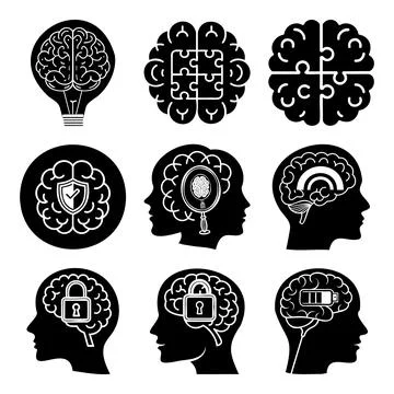 Black and white brain with puzzle pieces and security symbols msea set shie.. Stock Illustration