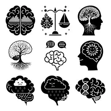Black and white brain with various symbols and msea set tree Stock Illustration