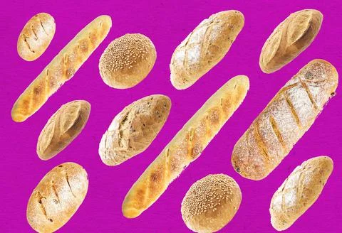 Black and white bread and different buns on a pink background. Pattern Stock Photos