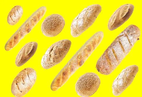 Black and white bread and different buns on a yellow background. Pattern Stock Photos