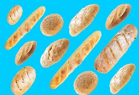 Black and white bread and different buns on a blue background. Pattern Stock Photos