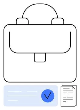 Black and White Briefcase with Document and Checkmark for Business, Work, a.. Illustrazione stock