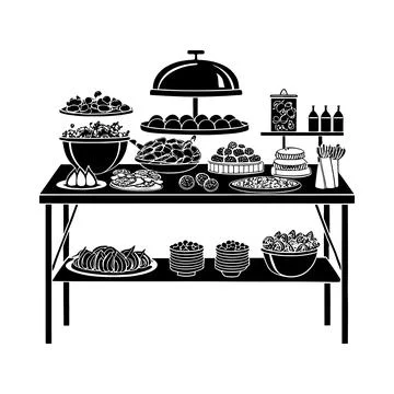 Black and white of a buffet table laden with various food dishes catering s.. イラスト素材