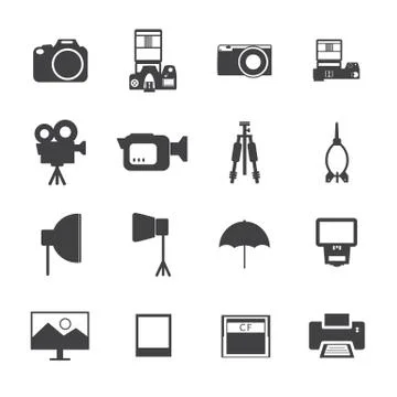 Black and white camera and accessory icons.vector eps10 Stock Illustration