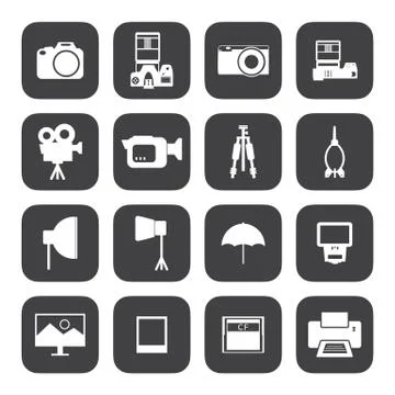 Black and white camera and accessory icons.vector eps10 Stock Illustration