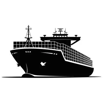 Black and white cargo ship with containers and crane Stock Illustration