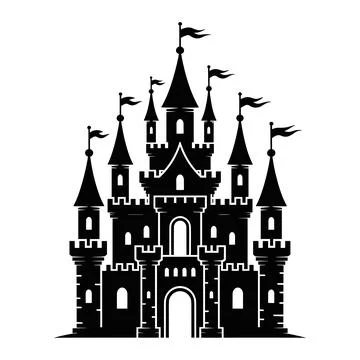 Black and white castle with multiple towers and flags 2 Stock Illustration