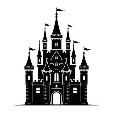 Black and white castle with multiple towers and flags Stock Illustration