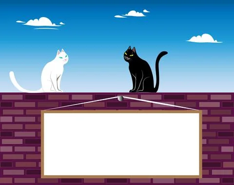 Black and white cat. Two cats, black and white, are sitting on a brick wall.  Stock Illustration