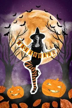 Black and white cat with witch hat flying on broom in spooky night Stock Photos